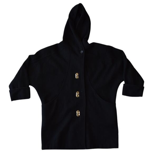 Classic Black Hooded Coat in Wool Blend with Turnlock Buttons and Pockets - Picture 1 of 7